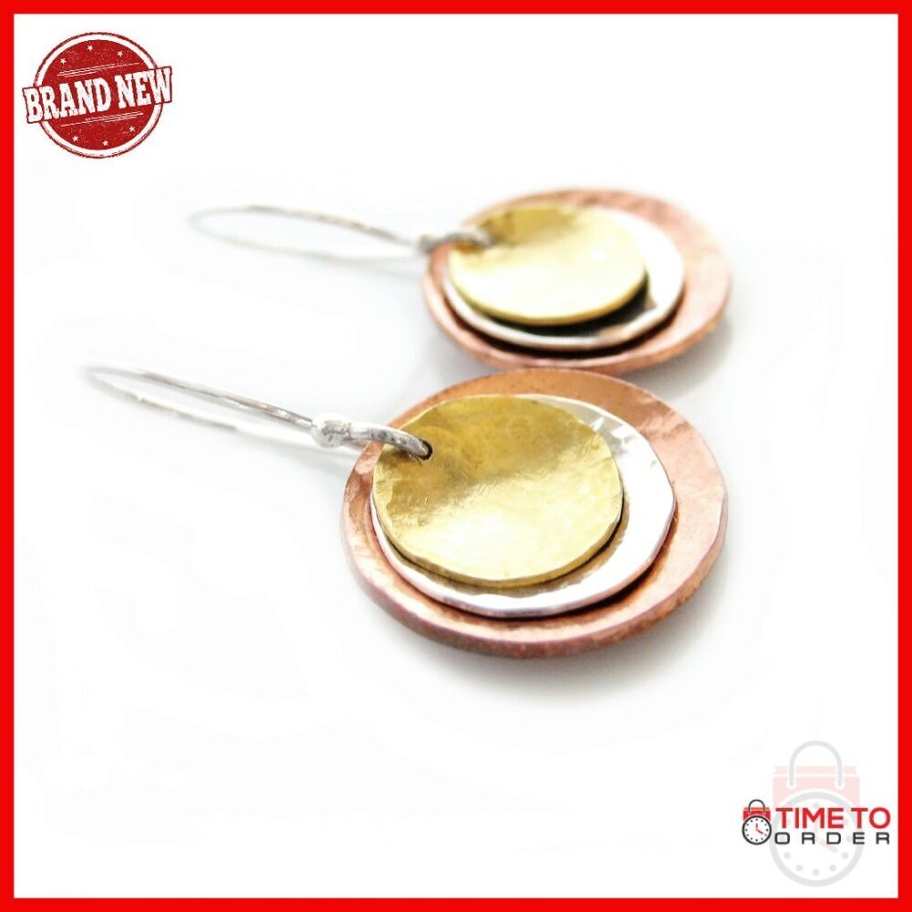 Hand Hammered Mixed Metal Dangle Earrings, Sterling Silver, 1.25"